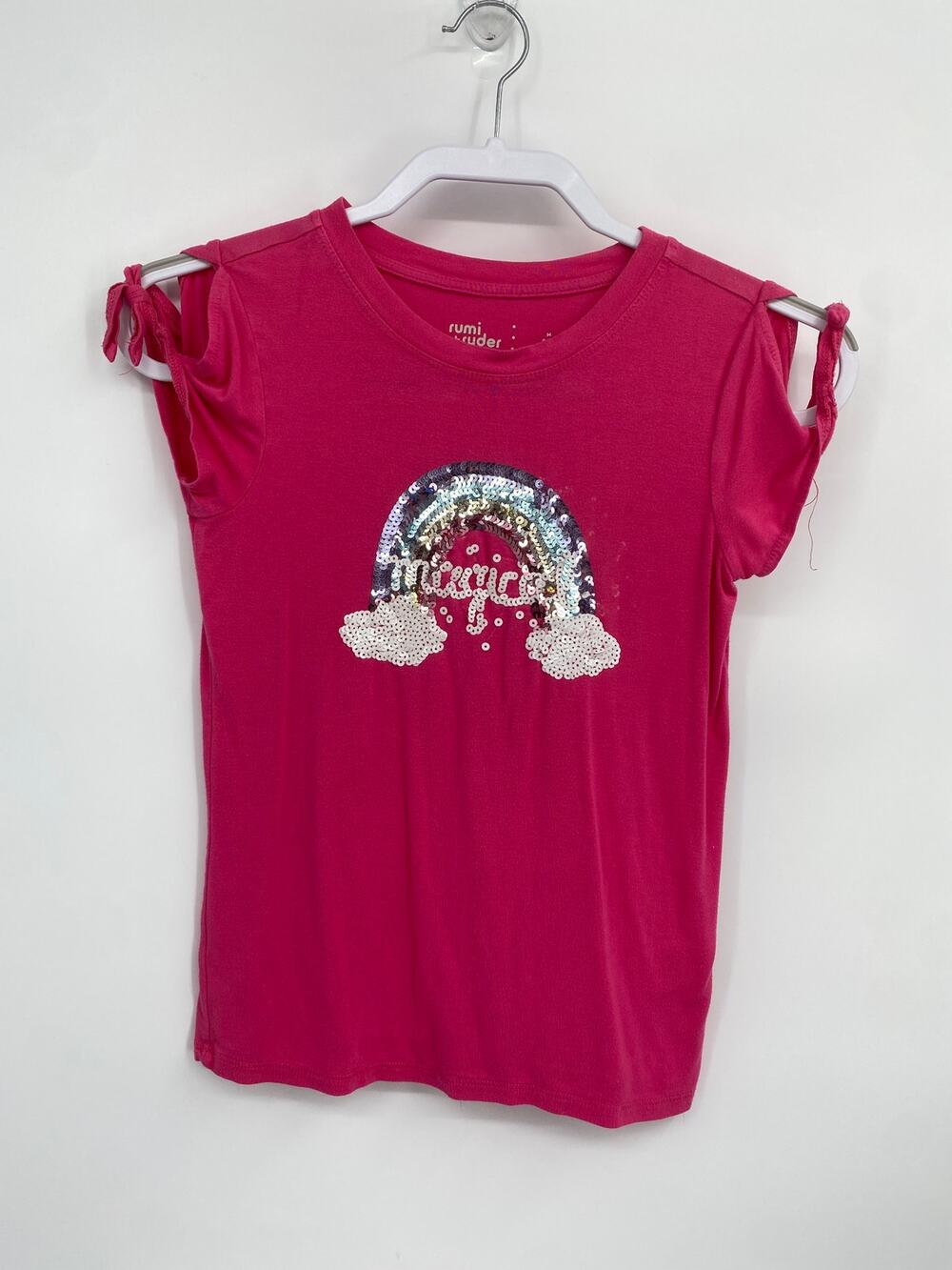 Rumi + Ryder Pink Short Sleeve Rainbow Magical Shirt Tie Sleeve M 8-10
